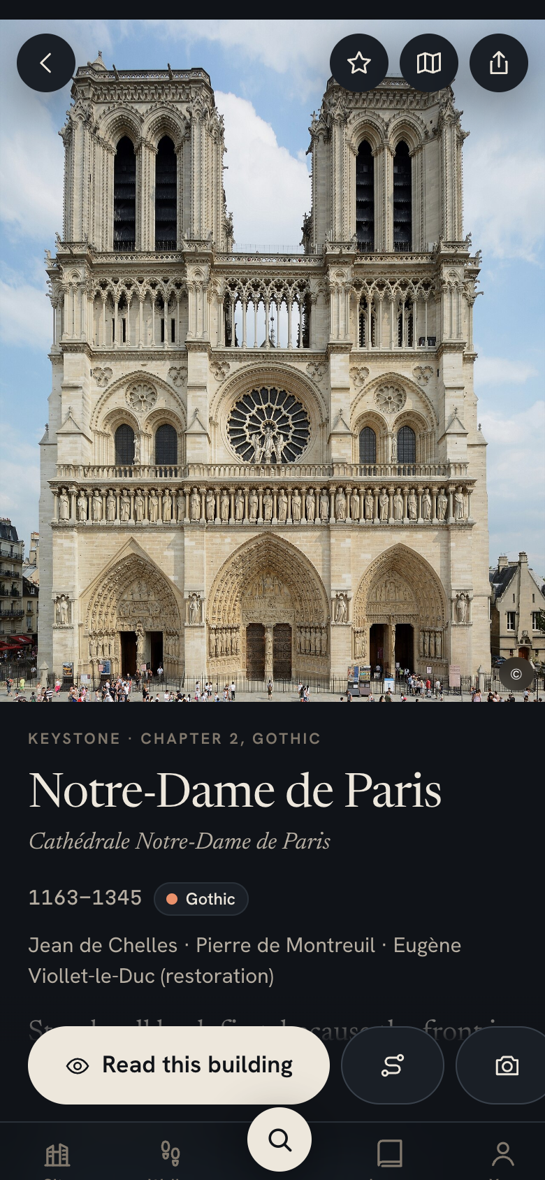 A building page in Flâne: Pont Neuf, with a hook line and a look-for list
