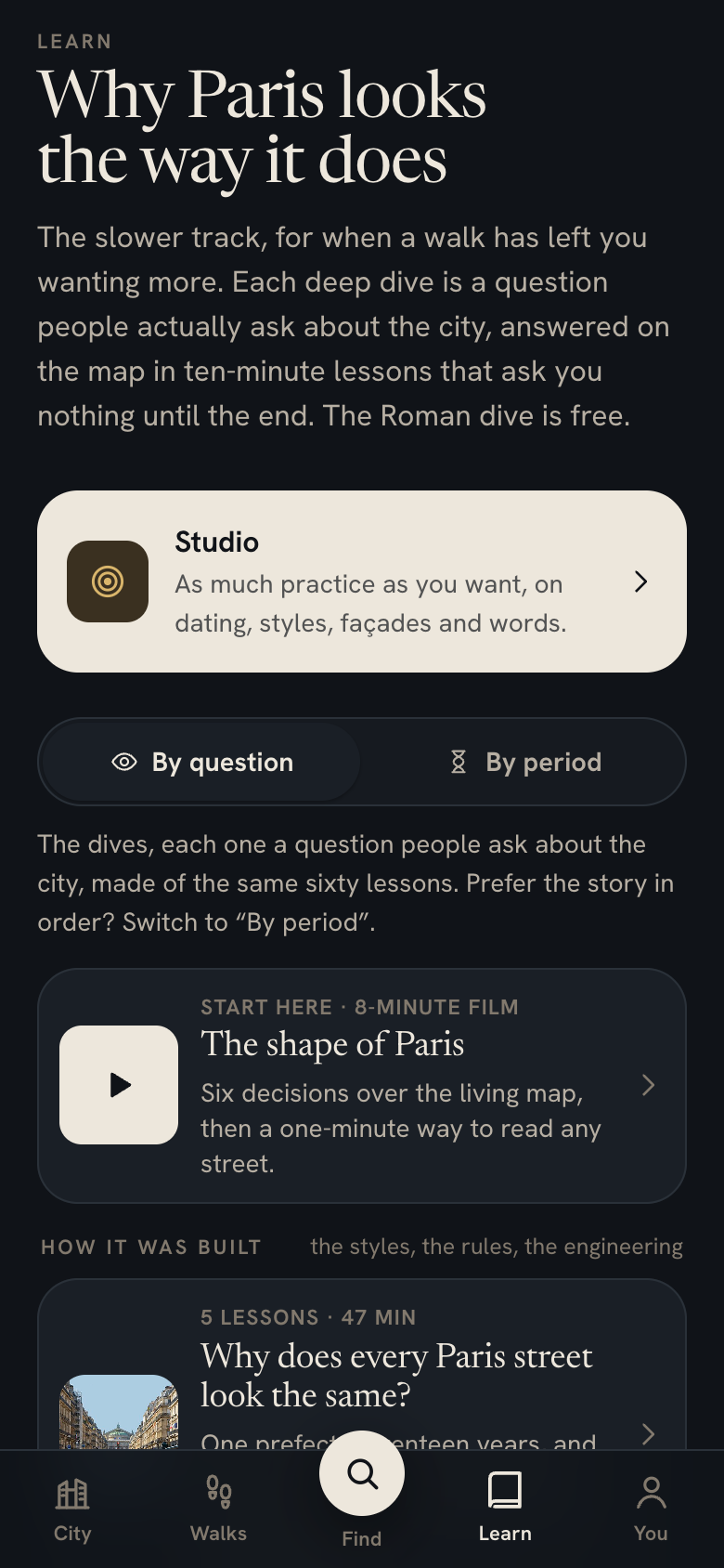 The Learn tab, dives by question or by period