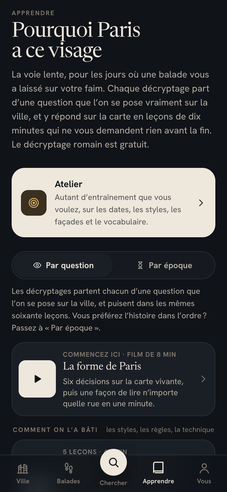 L’onglet Apprendre, les décryptages par question ou par époque