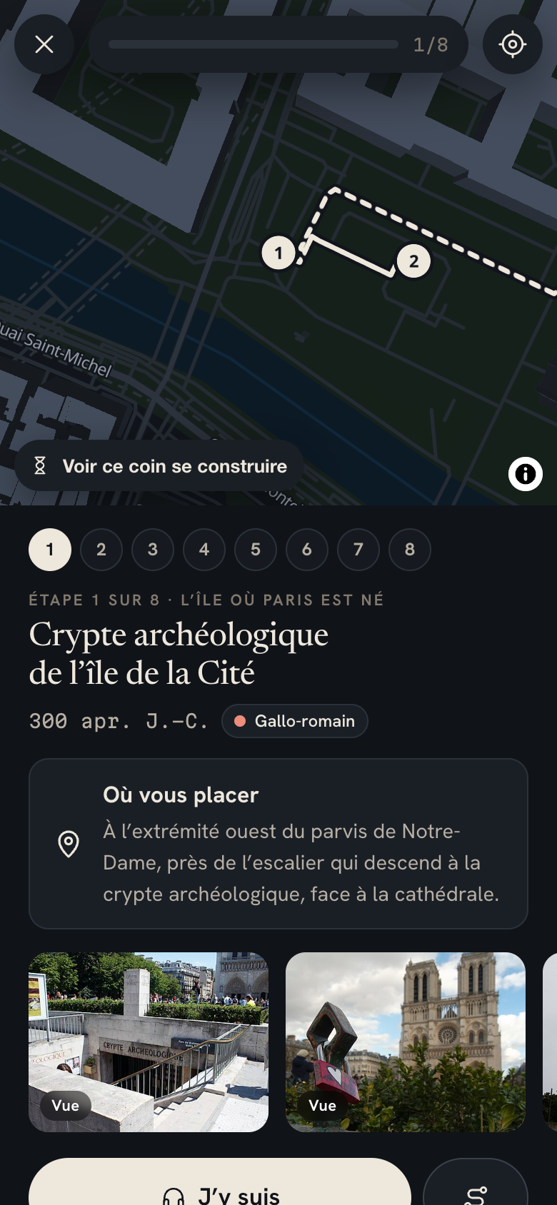 Une balade guidée en cours sur l’île de la Cité, l’itinéraire tracé sur la carte avec ses étapes numérotées