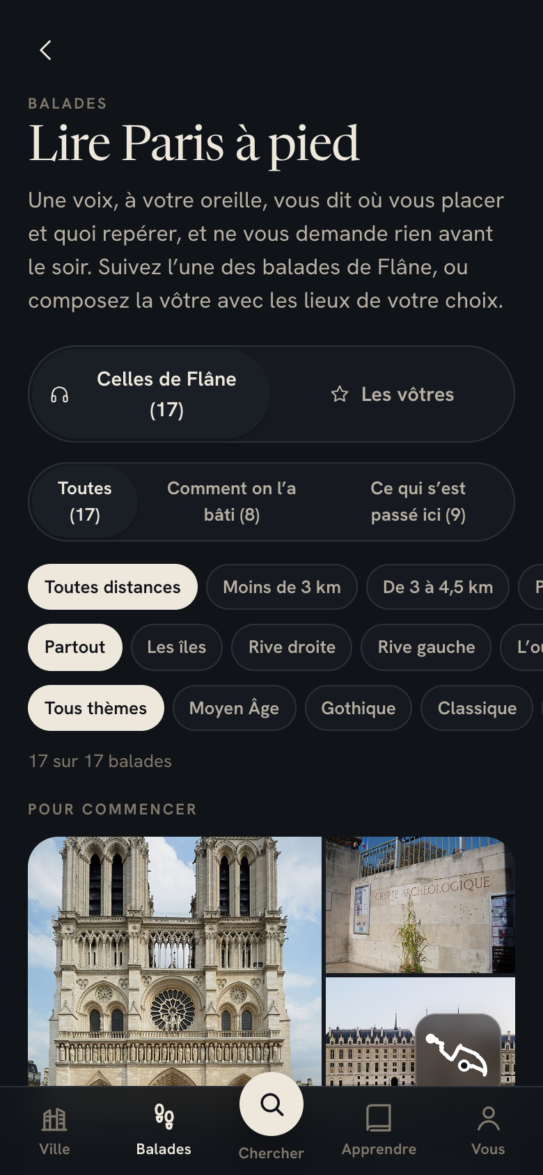 La liste des balades guidées et ses filtres