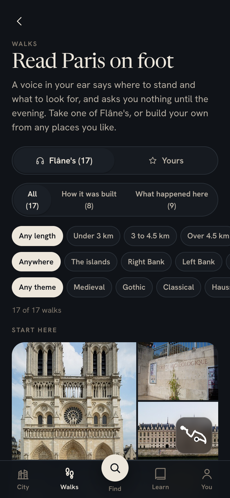 The list of guided walks with filters